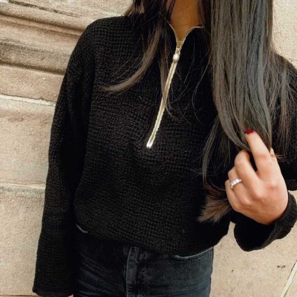 Donni Waffle 1/2 Zip Pullover in Jet Black XS